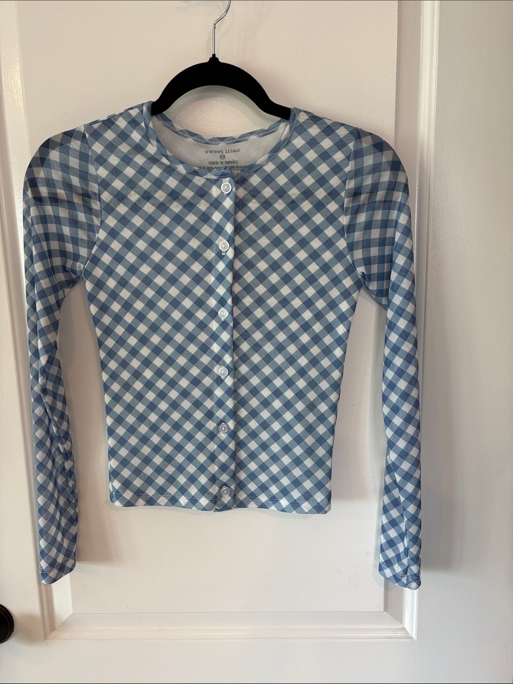 So Cute! Y2K Style Sheer Blue Gingham Button-Front Cardigan - Size XS